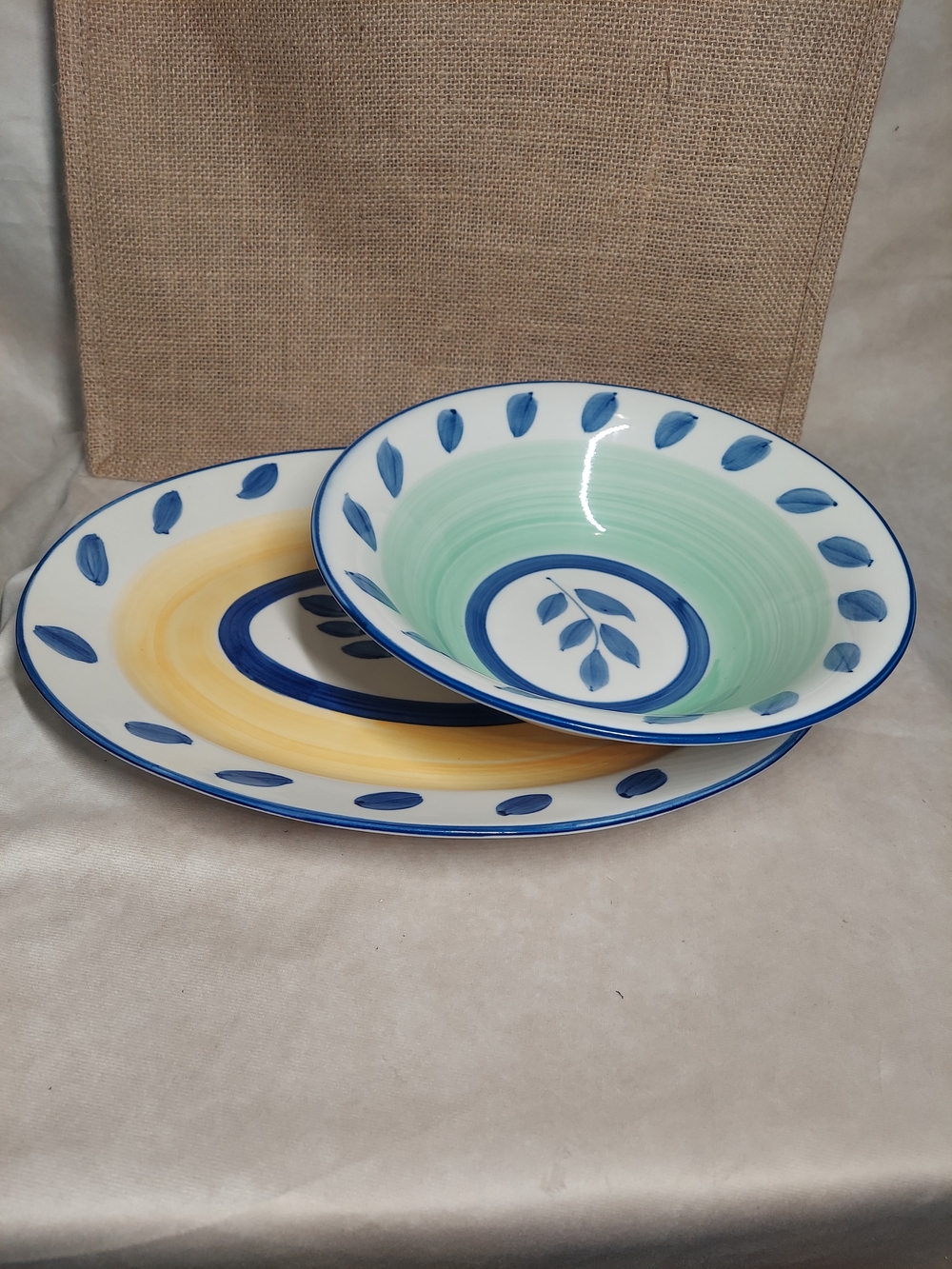 Tabletops Unlimited Autumn Blue Serving Plate and Bowl Set Leaf Pattern